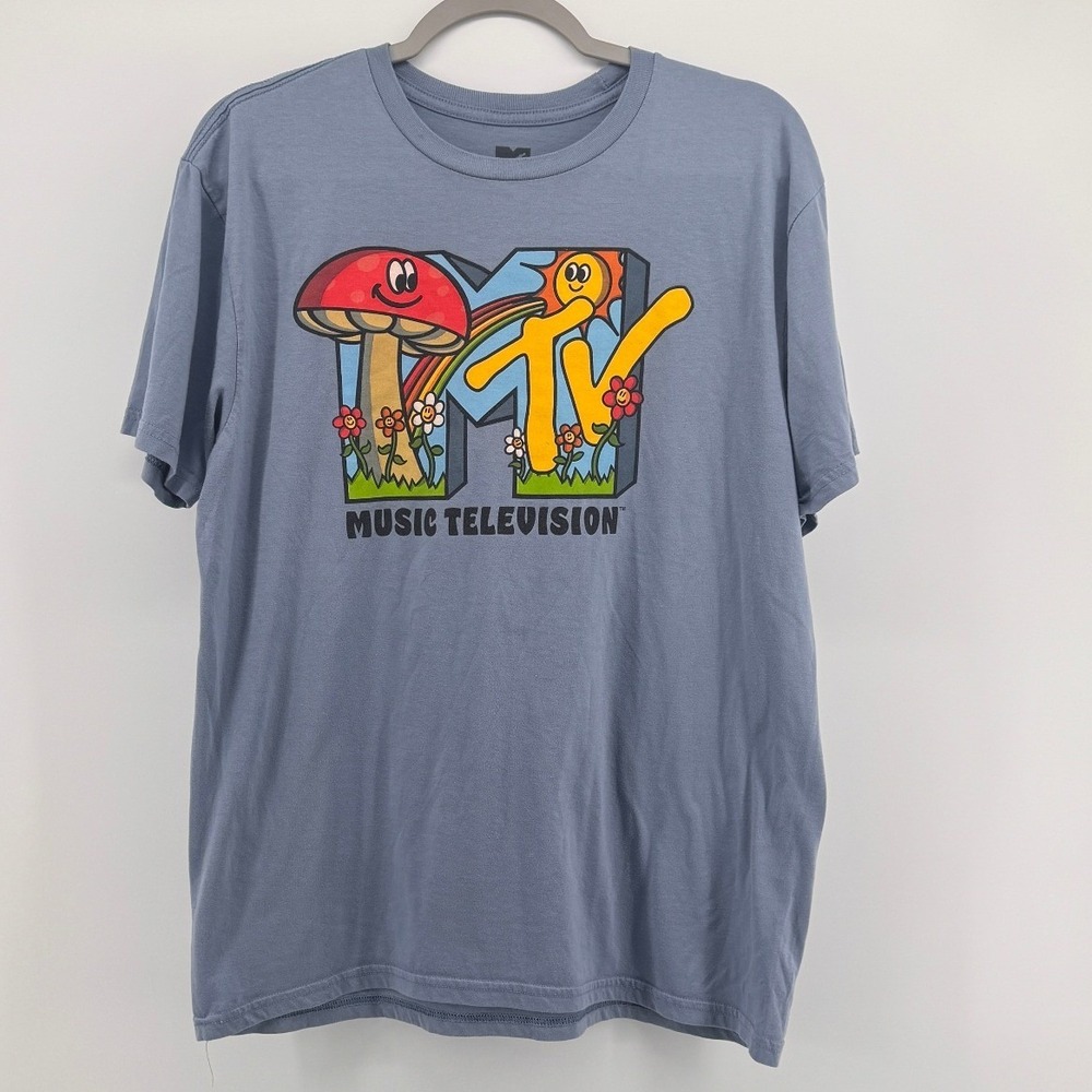 MTV Music Television Graphic Tee Blue Mushroom Sun Rainbow Shirt Large